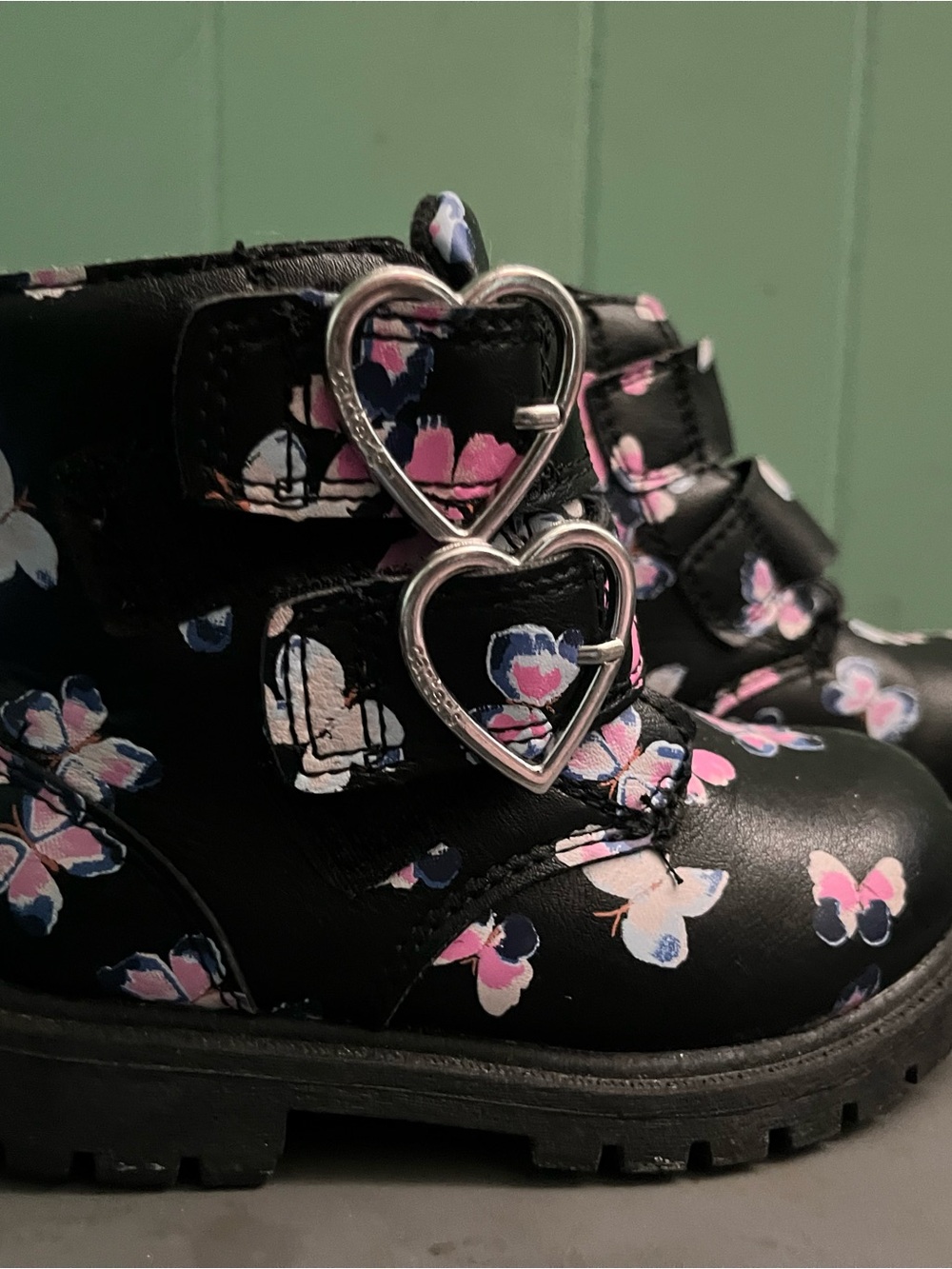 Carter's Black Floral Heart-Buckle Kids Boots with Pink & White Accents